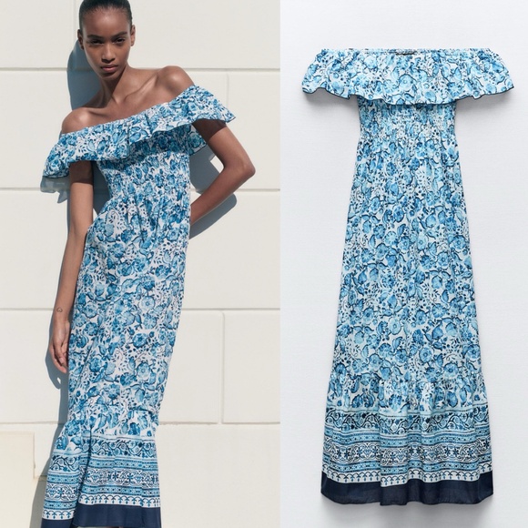 NWT Zara Floral Print Off The Shoulder Dress Blue/White Sz S - Picture 2 of 4